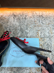 PRADA 26S LACE UP SLINGBACK PUMPS 55MM IN BLACK CALFSKIN WITH RED LACES