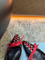 PRADA 26S LACE UP SLINGBACK PUMPS 55MM IN BLACK CALFSKIN WITH RED LACES