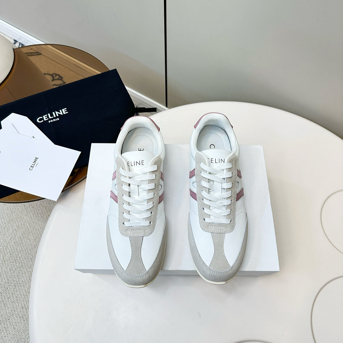 CELINE 25S JOGGER LOW LACE UP SNEAKER WITH TRIOMPHE IN WHITE GRAY SUEDE AND CALFSKIN