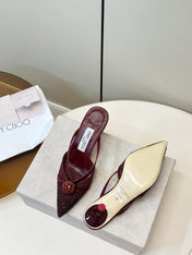 JIMMY CHOO 26S HEELED MULES 80 MM IN DARK RED CRYSTAL EMBELLISHMENT