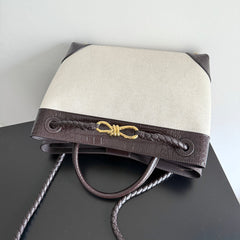 BOTTEGA VENETA 25S MEDIUM ANDIAMO 32 IN IVORY DARK BROWN CALFSKIN AND CANVAS