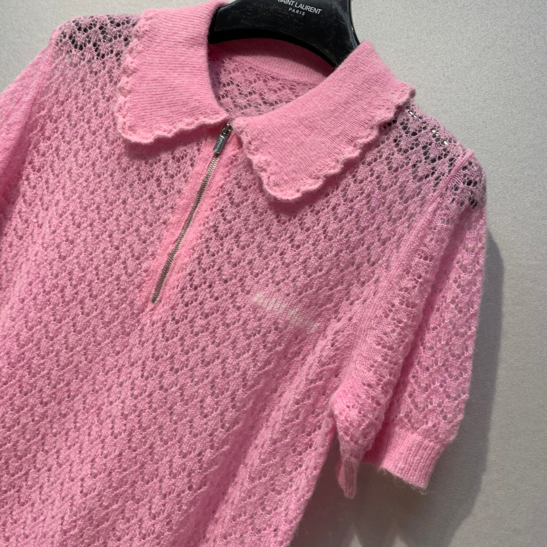 MIUMIU 26S SHORT-SLEEVE OPENWORK KNIT TOP 1420