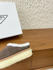 PRADA 25S PLATFORM FUR-LINED MULES IN EARTH BROWN SUEDE