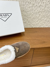 PRADA 25S PLATFORM FUR-LINED MULES IN EARTH BROWN SUEDE