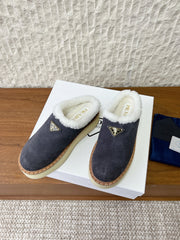 PRADA 25S PLATFORM FUR-LINED MULES IN DARK GREY SUEDE