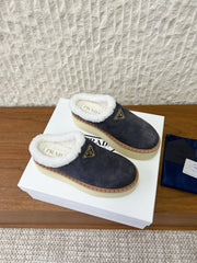PRADA 25S PLATFORM FUR-LINED MULES IN DARK GREY SUEDE