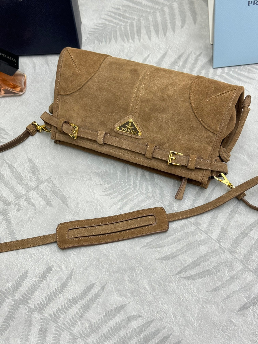PRADA 25S BONNIE SMALL SHOULDER BAG 26 IN BROWN SUEDE GOLD HARDWARE
