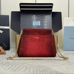 PRADA 25S ENCHAINE MINI BAG 22 IN RUBY RED SUEDE GOLD HARDWRE
