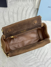 PRADA 25S ENCHAINE MINI BAG 22 IN CARAMEL BROWN SUEDE GOLD HARDWARE