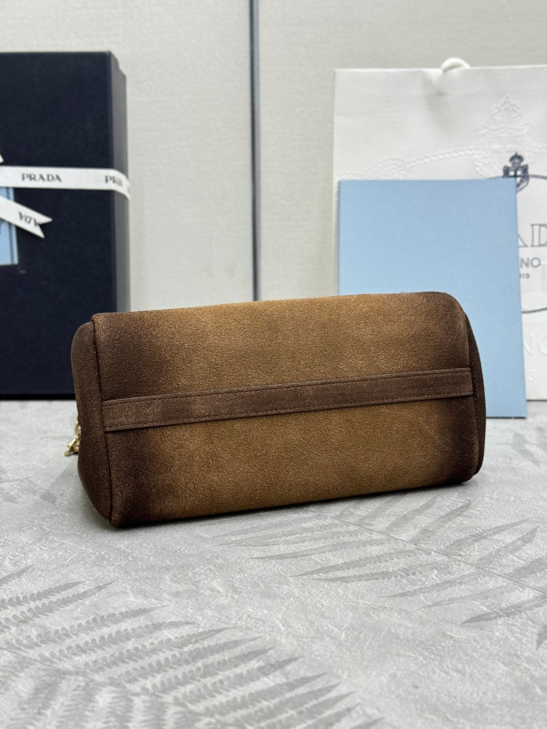 PRADA 25S ENCHAINE MINI BAG 22 IN CARAMEL BROWN SUEDE GOLD HARDWARE