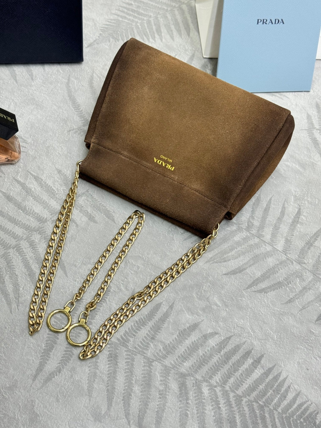 PRADA 25S ENCHAINE MINI BAG 22 IN CARAMEL BROWN SUEDE GOLD HARDWARE