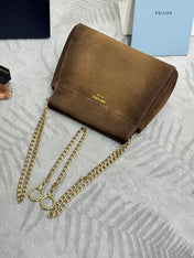 PRADA 25S ENCHAINE MINI BAG 22 IN CARAMEL BROWN SUEDE GOLD HARDWARE
