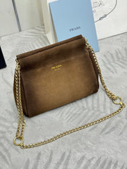 PRADA 25S ENCHAINE MINI BAG 22 IN CARAMEL BROWN SUEDE GOLD HARDWRE