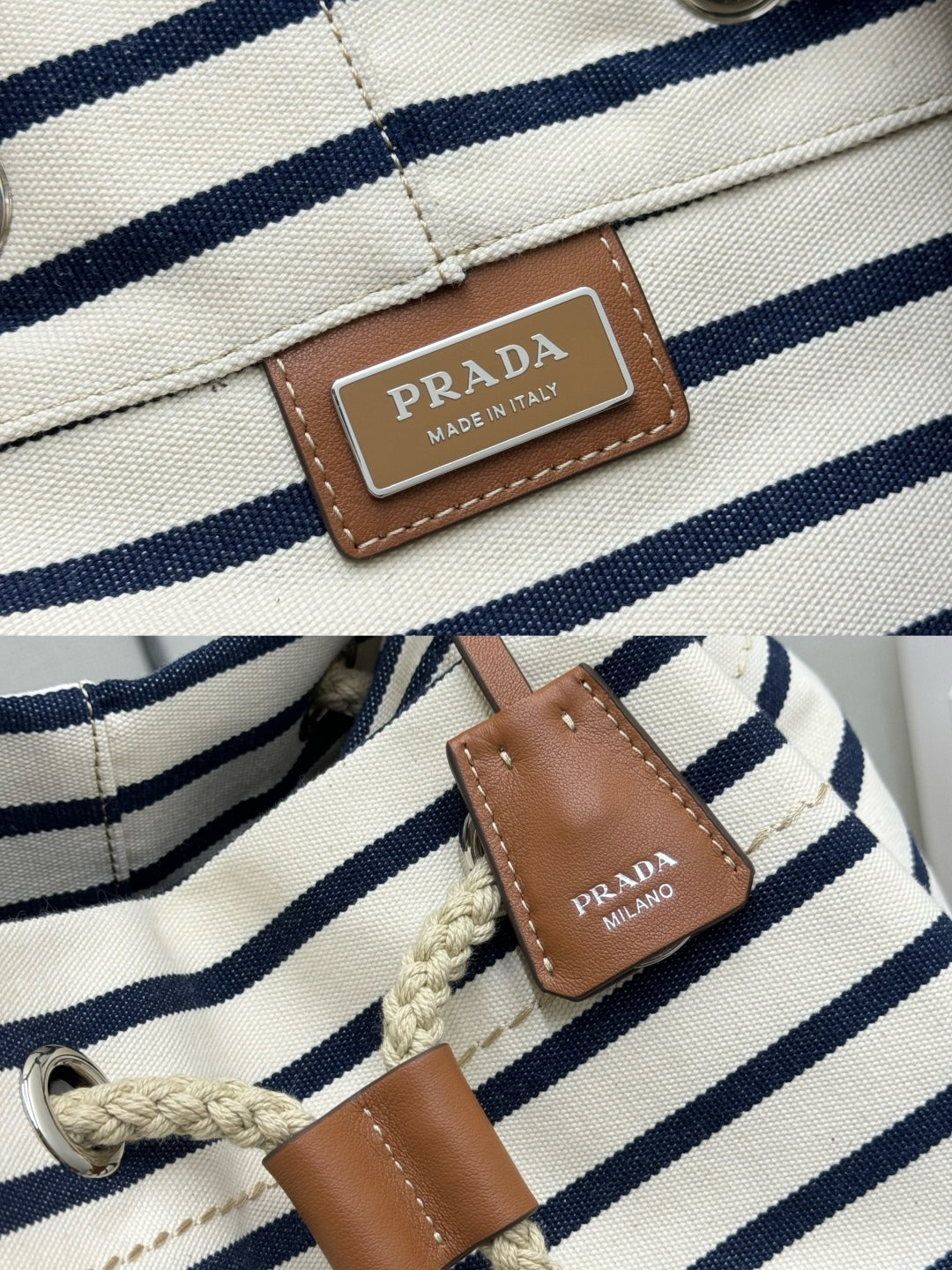 PRADA 25S DRAWSTRING BACKPACK 55 IN HORIZONTAL STRIPES CANVAS SILVER HARDWRE