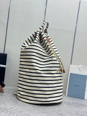 PRADA 25S DRAWSTRING BACKPACK 55 IN HORIZONTAL STRIPES CANVAS SILVER HARDWRE