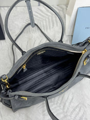 PRADA 25S BONNIE LARGE HANDBAG 38 IN DARK GRAY SUEDE GOLD HARDWARE