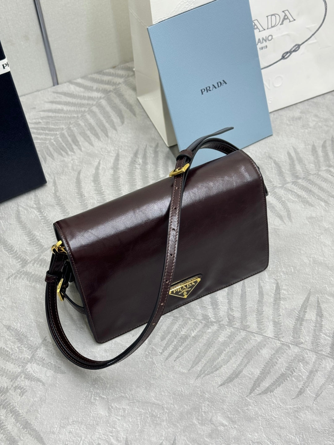 PRADA 25S SHOULDER BAG 23 IN DARK BROWN CALFSKIN GOLD HARDWARE