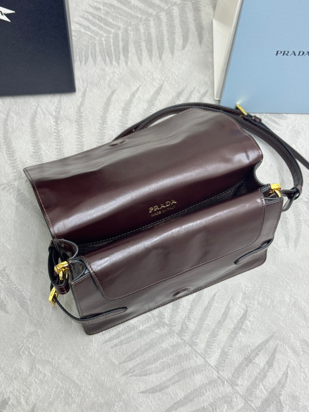 PRADA 25S SHOULDER BAG 23 IN DARK BROWN CALFSKIN GOLD HARDWARE