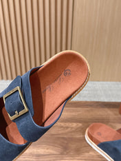 LP 26S DOUBLE BUCKLE SLIDES IN NAVY BLUE SUEDE GOLD HARDWARE
