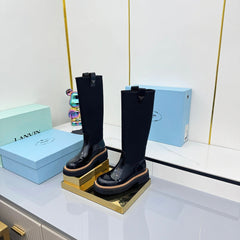 PRADA 25S HIGH BOOTS MARTIN 50MM IN BLACK GLOSSY CALFSKIN WITH LOGO