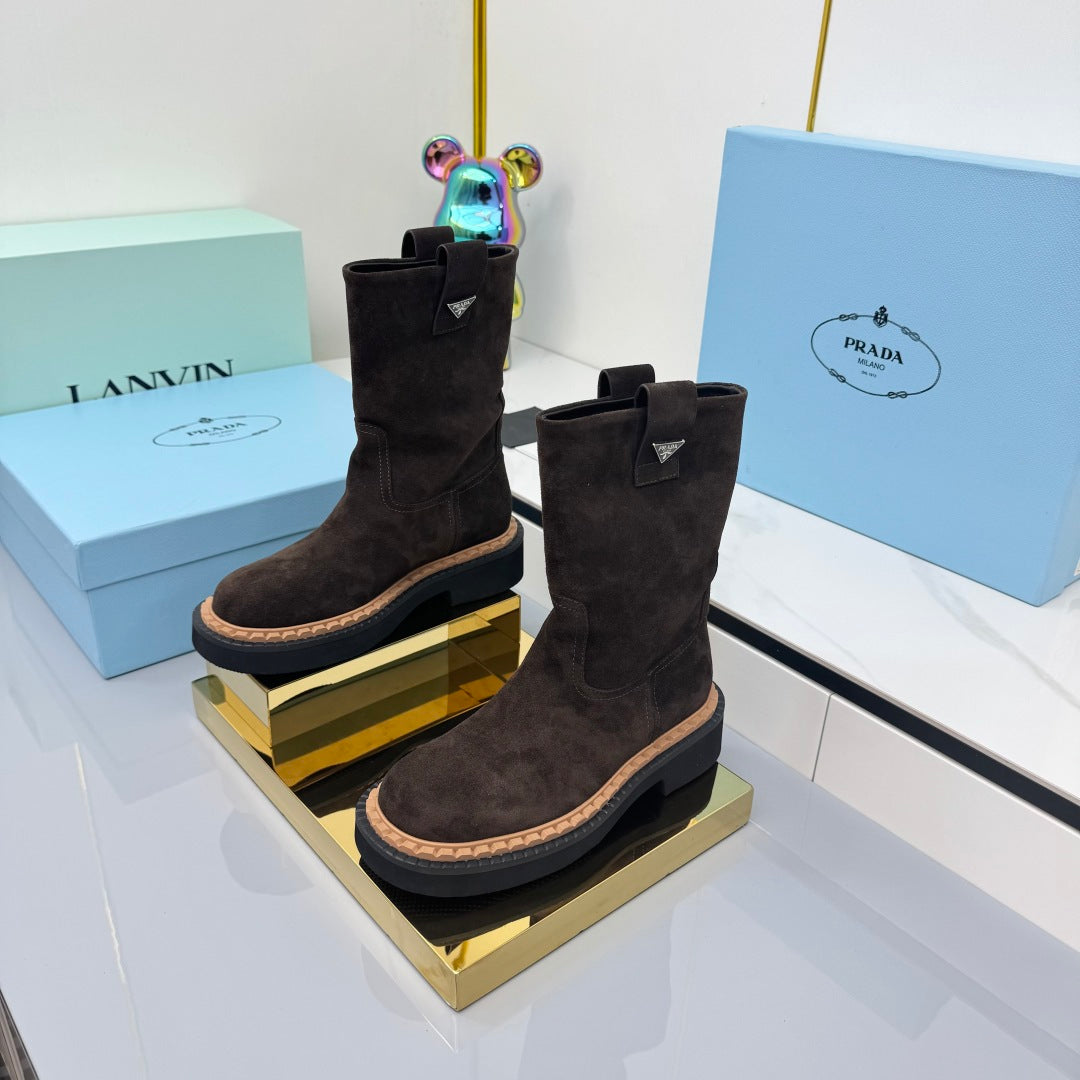 PRADA 25S HIGH MARTIN BOOTS 50MM IN DARK BROWN SUEDE