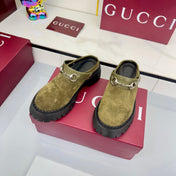 GG PLATFORM MULES 25S IN MOSS GREEN SUEDE