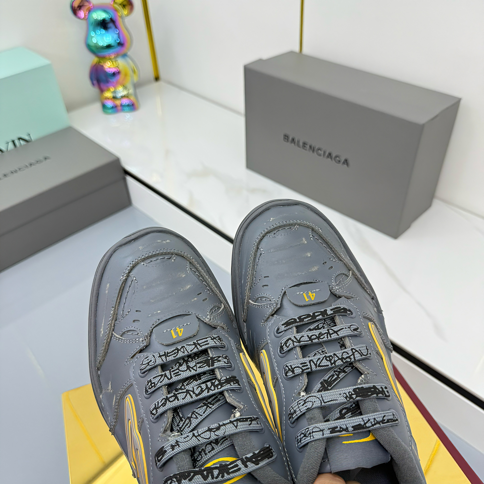BALENCIAGA 25S SNEAKERS IN DARK GREY MIX YELLOW LEATHER