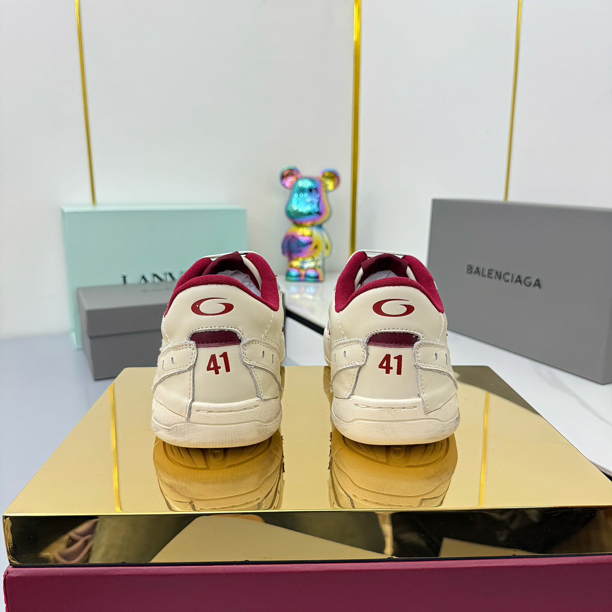 BALENCIAGA 25S SNEAKERS IN CREAM WHITE MIX RED LEATHER