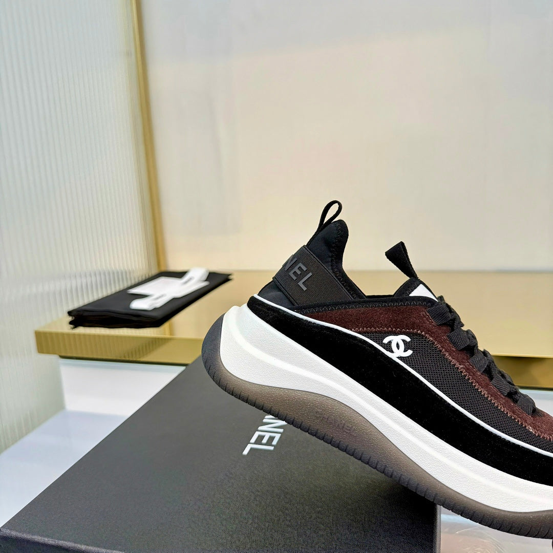 CHANEL 26S PLATFORM SNEAKERS IN BLACK MIX BROWN SUEDE AND FABRIC WITH CC