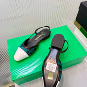 CHANEL 26S FLATS SLINGBACK SHOES IN WHITE PATENT CALFSKIN WITH TEAL PONY HAIR