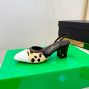 CHANEL 26S HIGH-HEEL SLINGBACKS 50 MM IN WHITE PATENT CALFSKIN WITH LIGHT YELLOW PONY HAIR