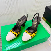 CHANEL 26S HIGH-HEEL SLINGBACKS 70 MM IN WHITE PATENT CALFSKIN WITH YELLOW PONY HAIR