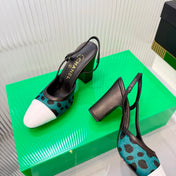 CHANEL 26S SLINGBACK SHOES 70MM IN WHITE PATENT WITH TEAL LEOPARD PRINT