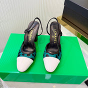 CHANEL 26S SLINGBACK SHOES 70MM IN WHITE PATENT WITH TEAL LEOPARD PRINT