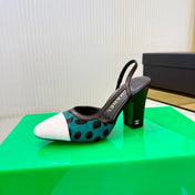 CHANEL 26S SLINGBACK SHOES 70MM IN WHITE PATENT WITH TEAL LEOPARD PRINT