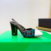CHANEL 26S SLINGBACK SHOES 70MM IN WHITE PATENT WITH TEAL LEOPARD PRINT