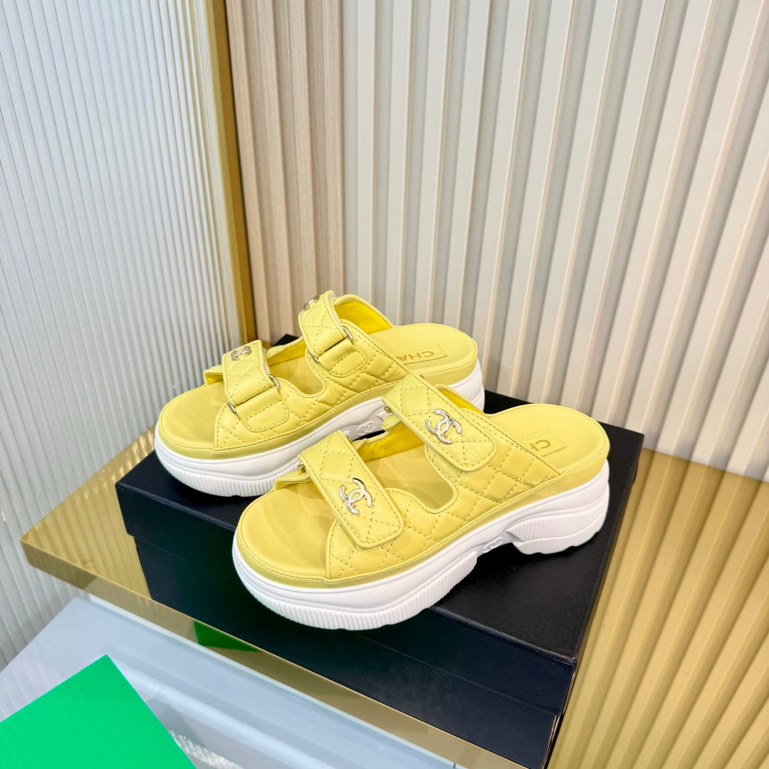 CHANEL 26S PLATFORM SANDALS IN YELLOW LAMBSKIN