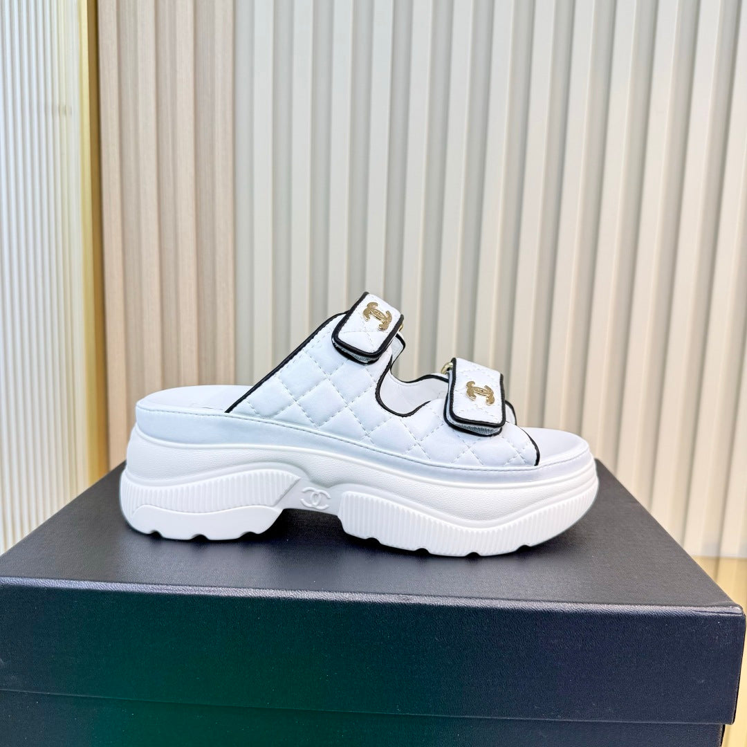 CHANEL 26S PLATFORM SANDALS IN WHITE MIX BLACK LAMBSKIN