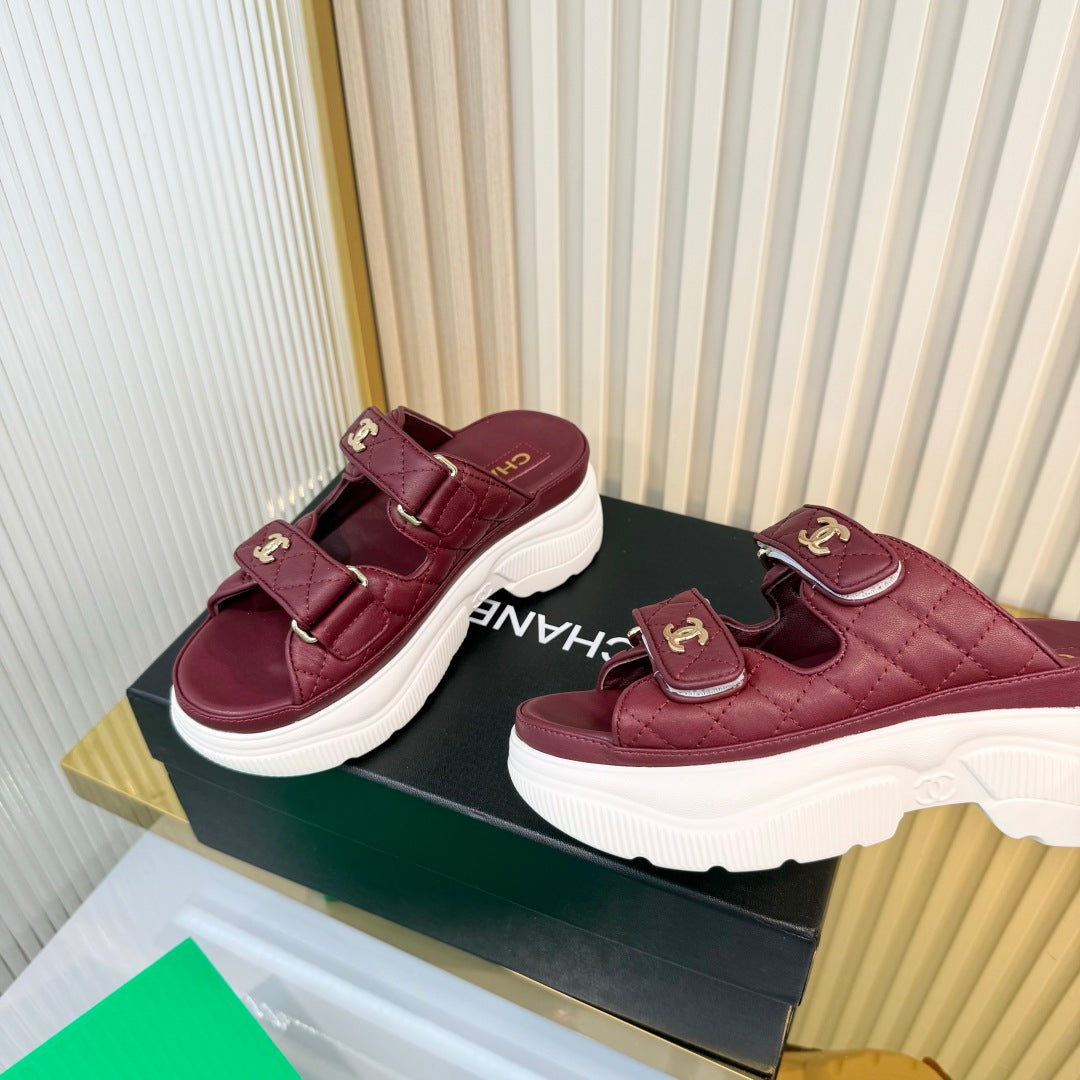 CHANEL 26S PLATFORM SANDALS IN DARK RED LAMBSKIN