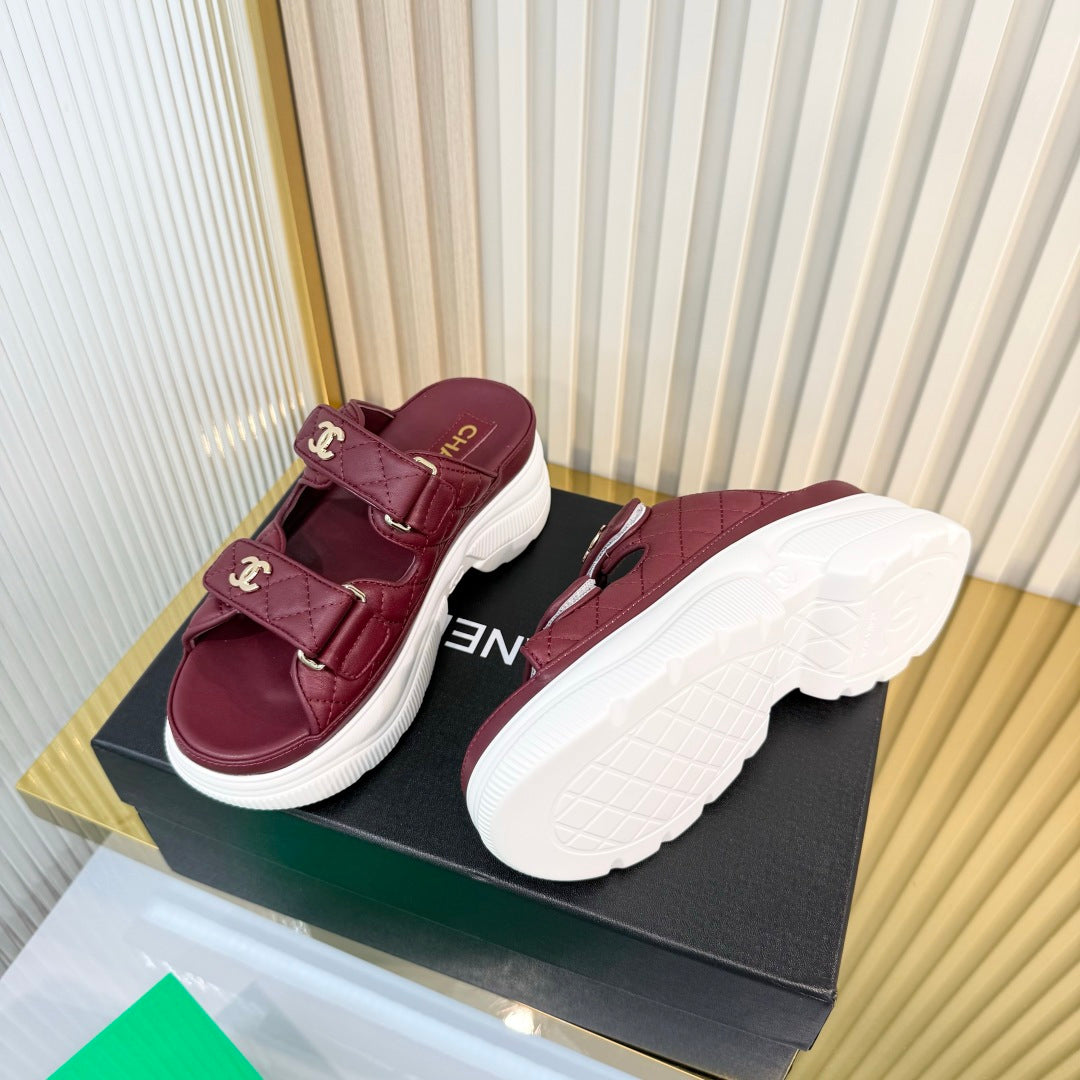 CHANEL 26S PLATFORM SANDALS IN DARK RED LAMBSKIN