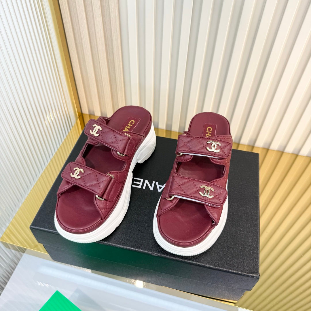 CHANEL 26S PLATFORM SANDALS IN DARK RED LAMBSKIN