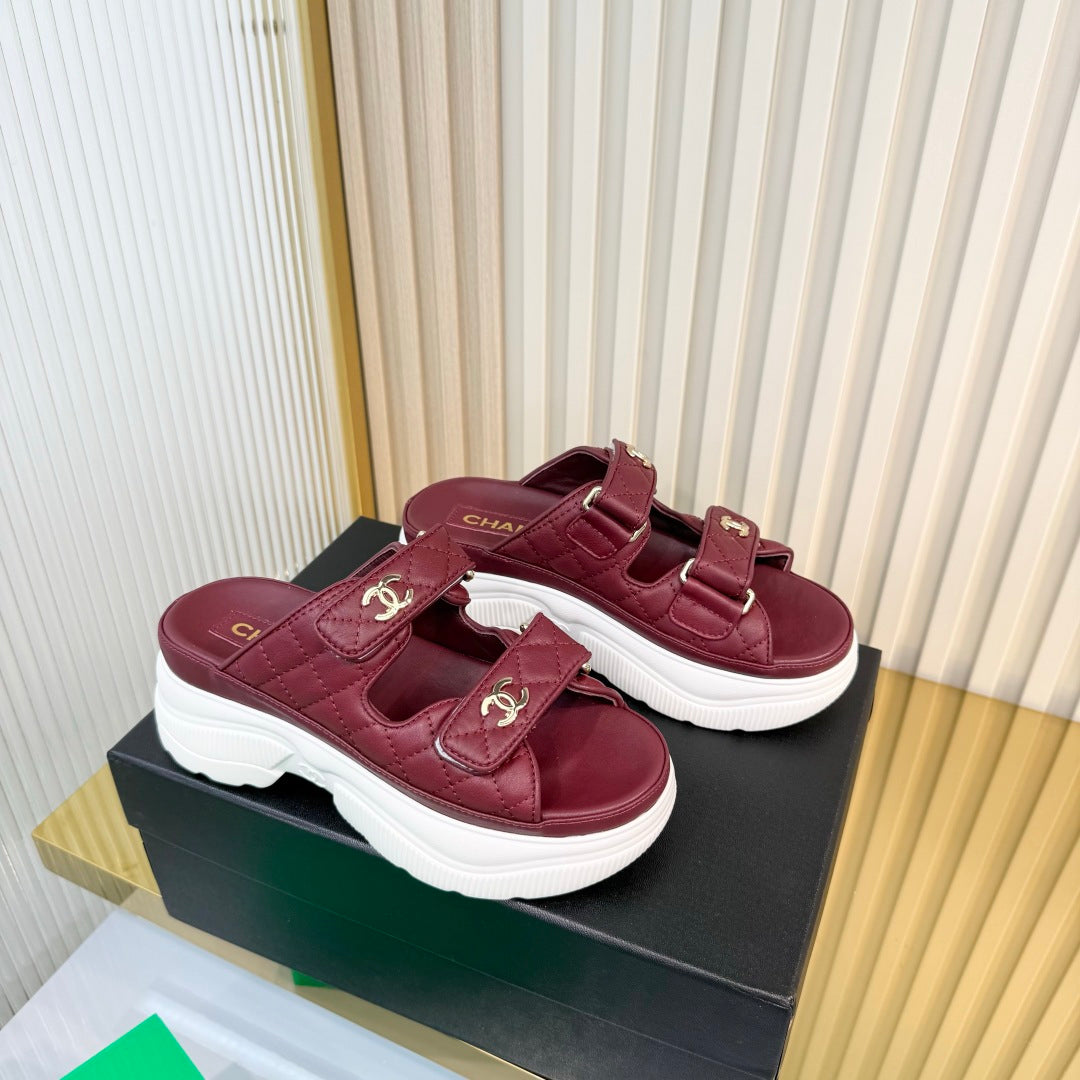 CHANEL 26S PLATFORM SANDALS IN DARK RED LAMBSKIN