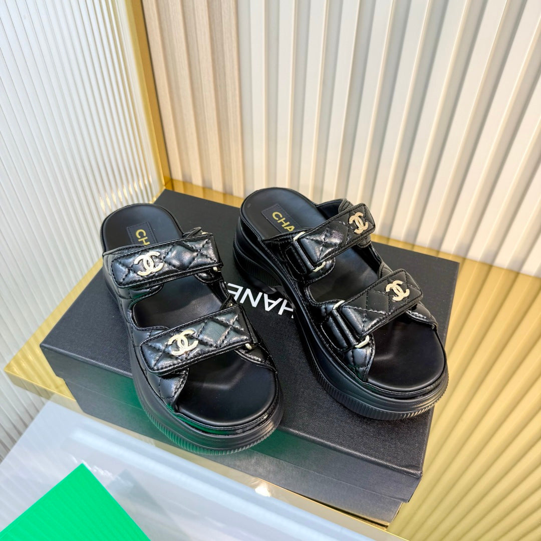 CHANEL 26S PLATFORM SANDALS IN BLACK LAMBSKIN