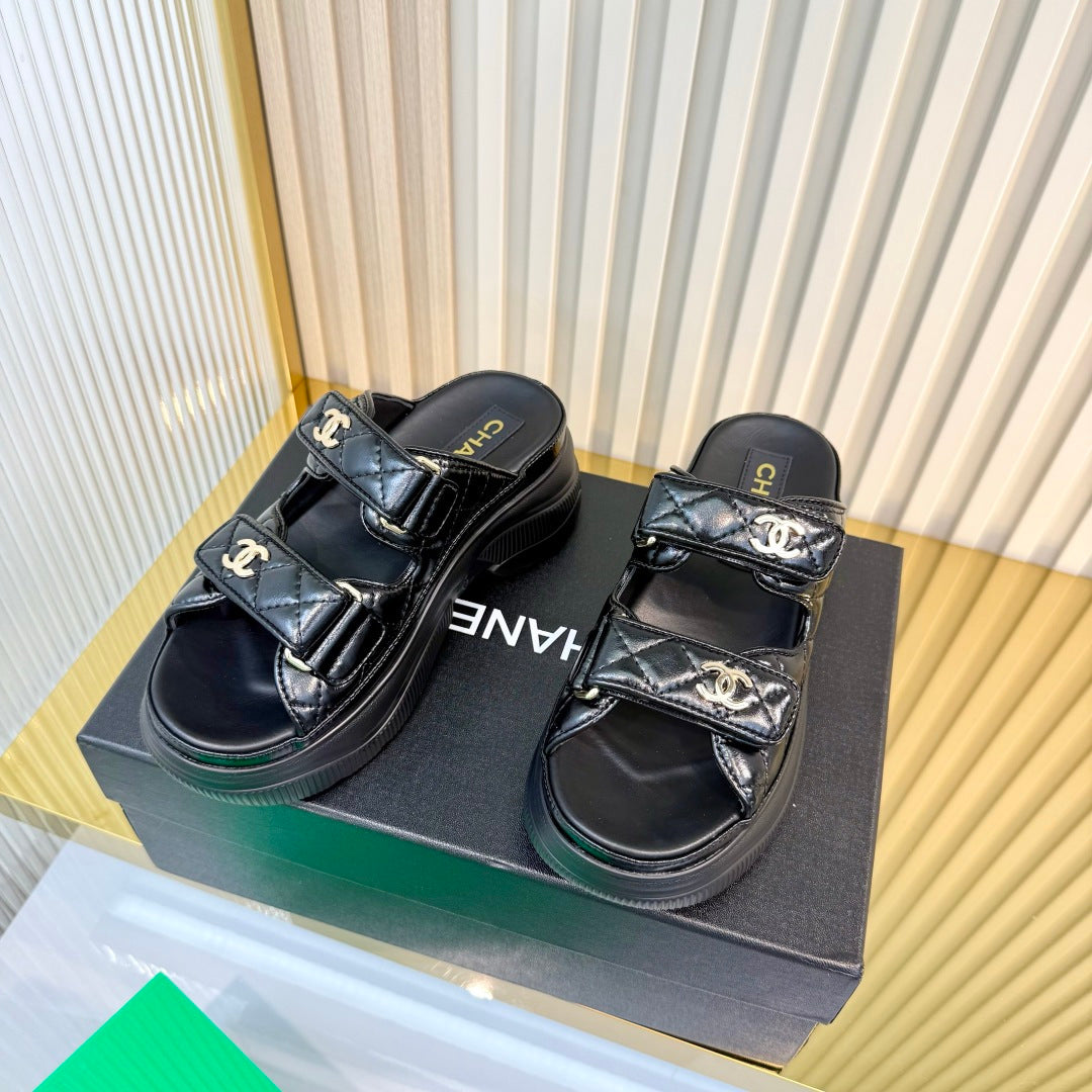 CHANEL 26S PLATFORM SANDALS IN BLACK LAMBSKIN