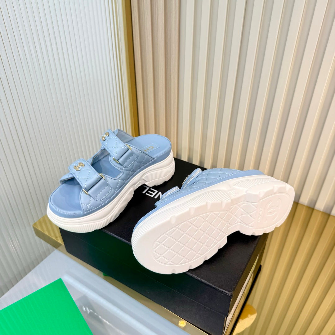 CHANEL 26S PLATFORM SANDALS IN LIGHT BLUE LAMBSKIN