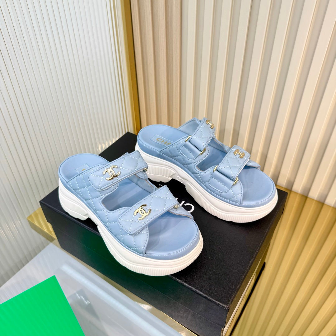 CHANEL 26S PLATFORM SANDALS IN LIGHT BLUE LAMBSKIN
