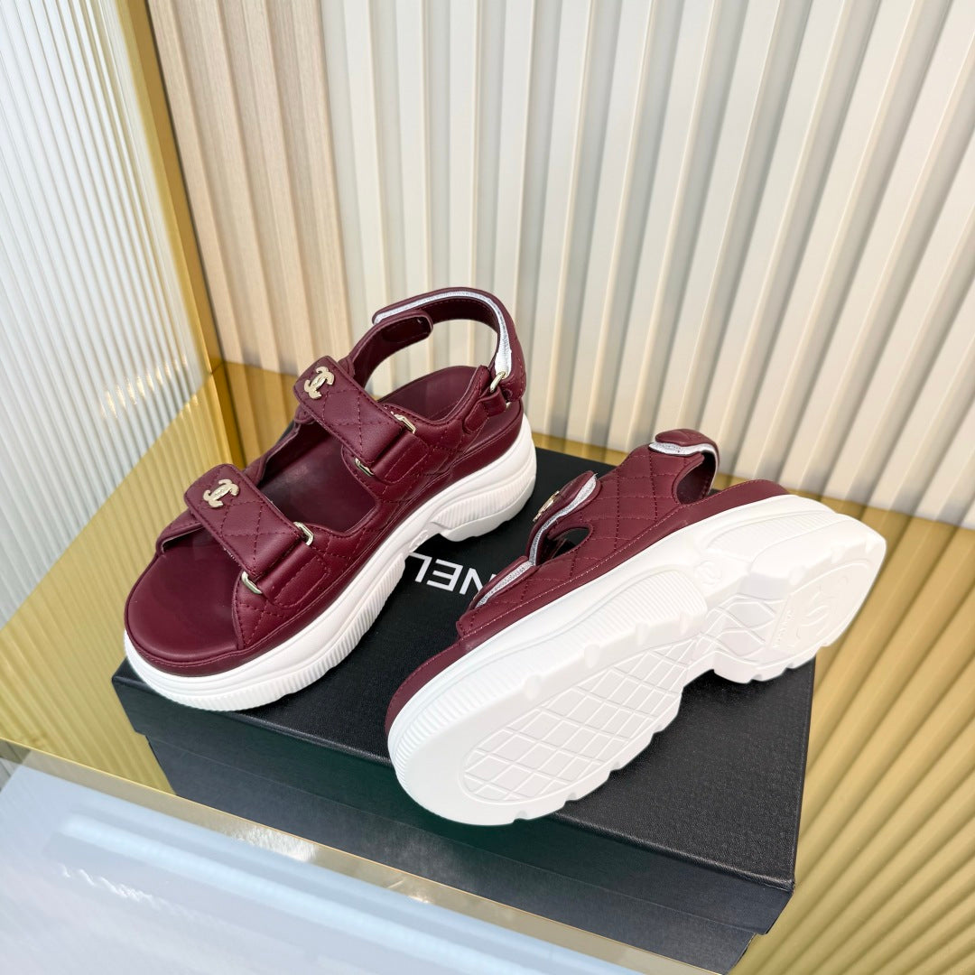 CHANEL 26S PLATFORM VELCRO SANDALS IN DARK RED LAMBSKIN