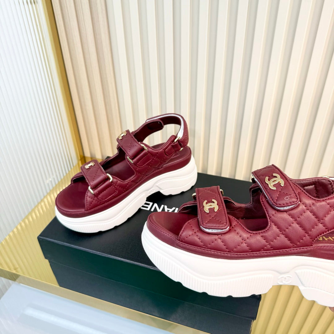 CHANEL 26S PLATFORM VELCRO SANDALS IN DARK RED LAMBSKIN