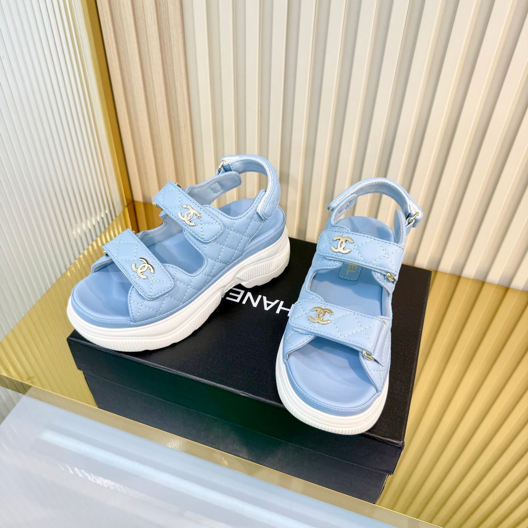 CHANEL 26S PLATFORM VELCRO SANDALS IN LIGHT BLUE LAMBSKIN