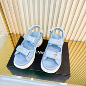CHANEL 26S PLATFORM VELCRO SANDALS IN LIGHT BLUE LAMBSKIN